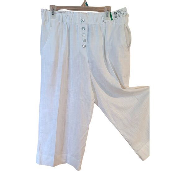 Ruby Rd Summer White Linen Mother of Pearl Buttons Cropped Capri Wide Leg Pants - Picture 2 of 8